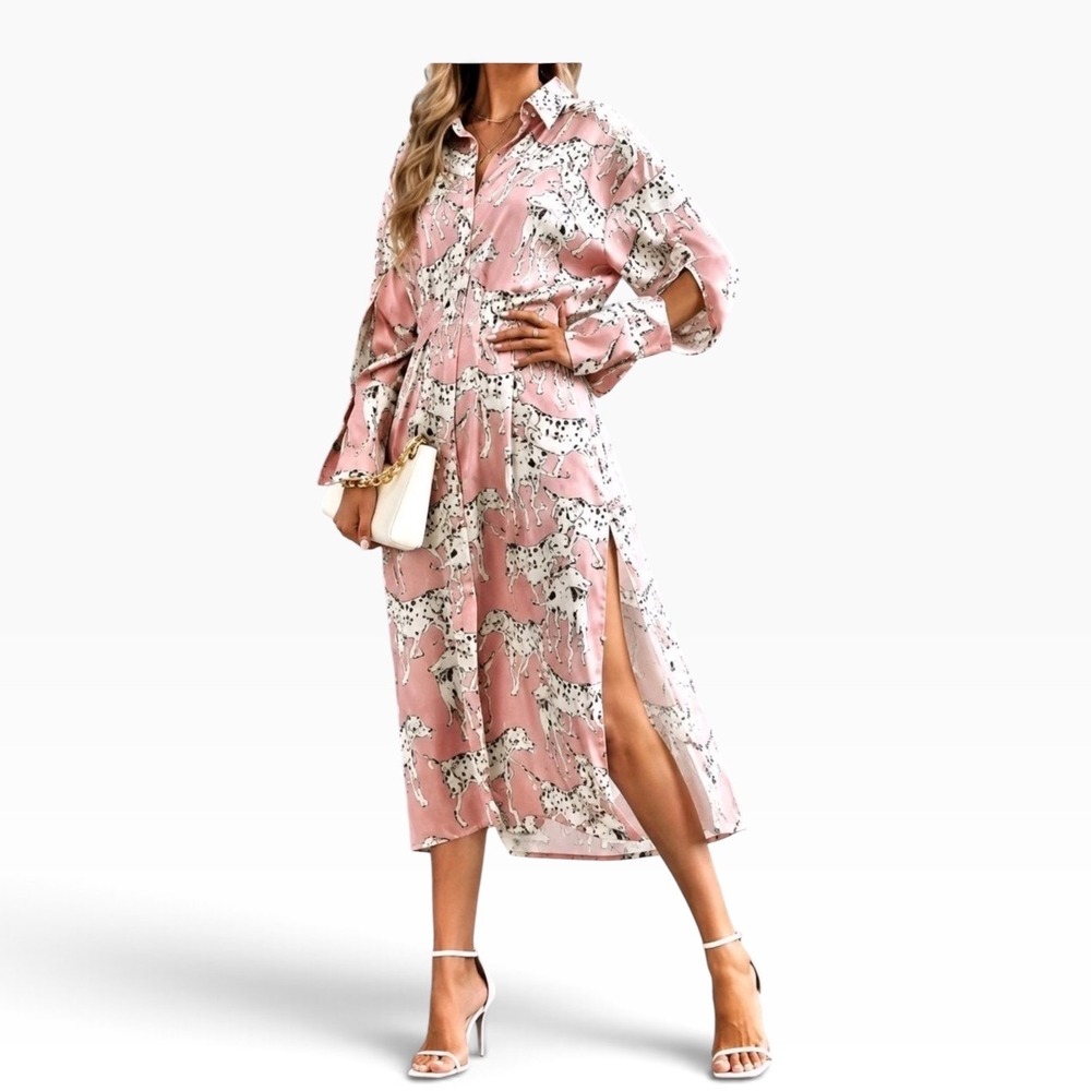 Zara Pink Dalmatian Dog Print Satin Midi Shirt Dress Long Sleeve Pleated Small
